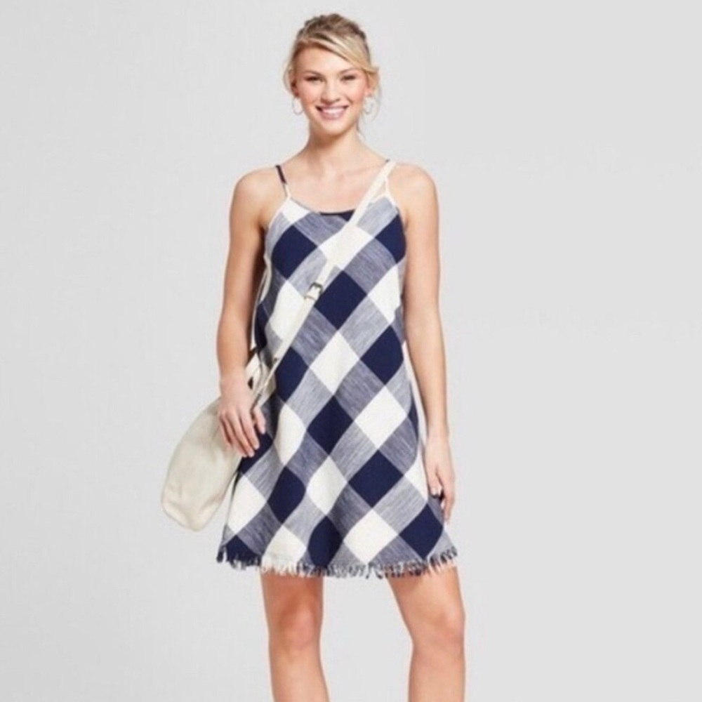 Universal Thread Blue & White Cotton Plaid Mini Dress